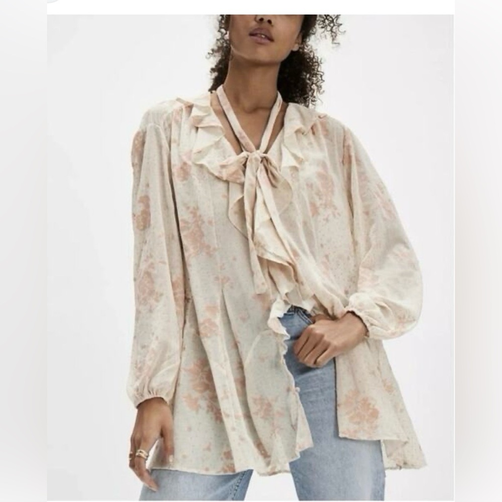 Free People Cream Floral Tie-Neck Ruffle Blouse